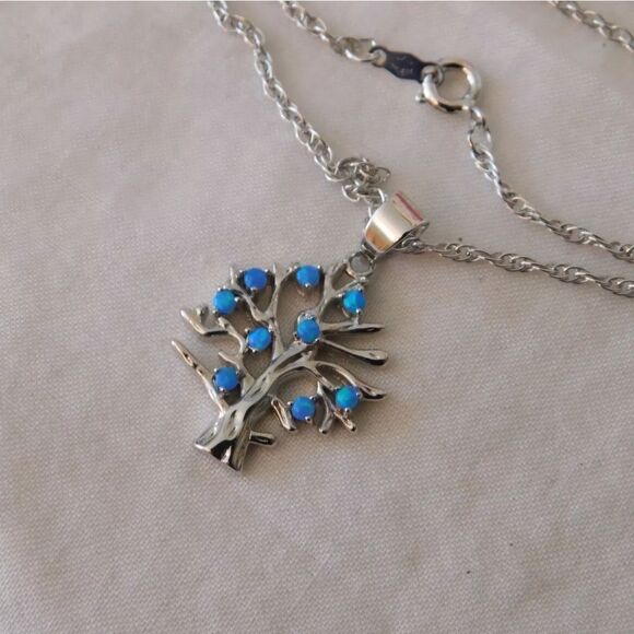Tree of Life Sterling Silver Opal Pendant Necklace and Earrings Set 925 NWOT - Picture 6 of 9